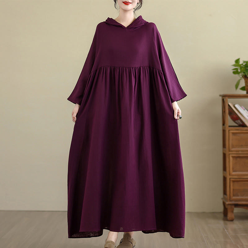 Vestido midi de lino y algodón de manga larga con capucha y bolsillos de Buddha Stones Fall - Magenta oscuro - US4-8/10, UK/AU8-12/14, UE36-40/42(F) - image 17