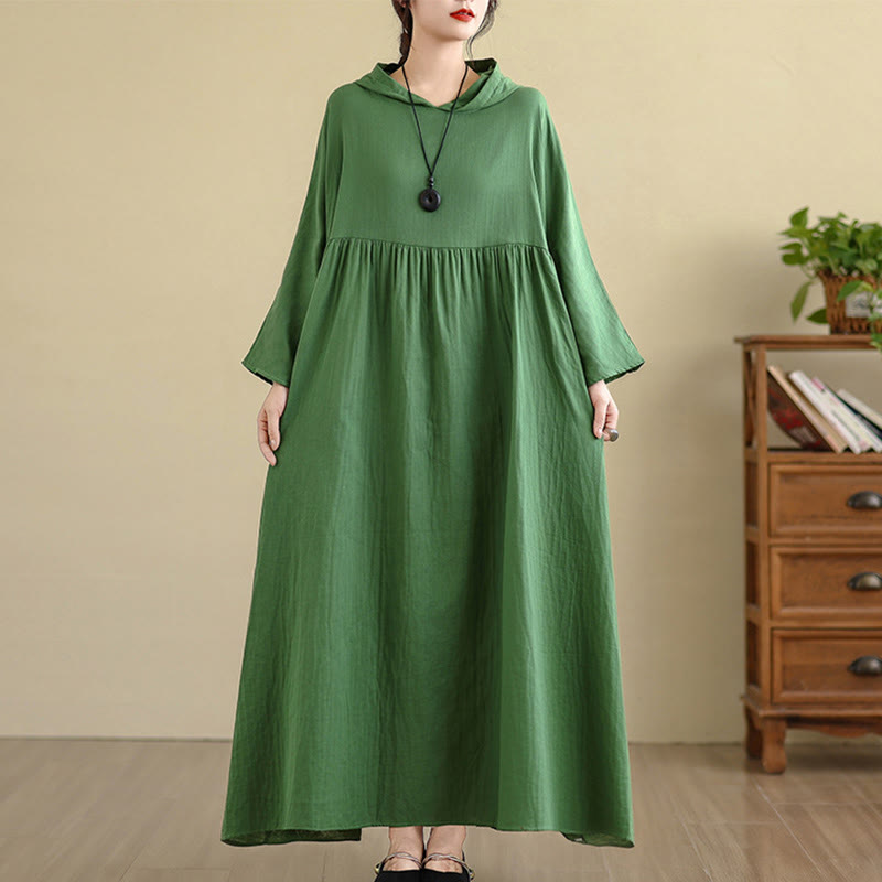 Vestido midi de lino y algodón de manga larga con capucha y bolsillos de Buddha Stones Fall - Verde mar medio - US4-8/10, UK/AU8-12/14, UE36-40/42(F) - image 21