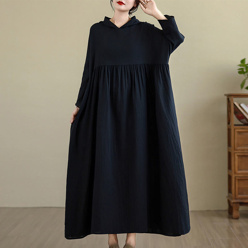 Vestido midi de lino y algodón de manga larga con capucha y bolsillos de Buddha Stones Fall - Negro - US4-8/10, UK/AU8-12/14, UE36-40/42(F) - image 11