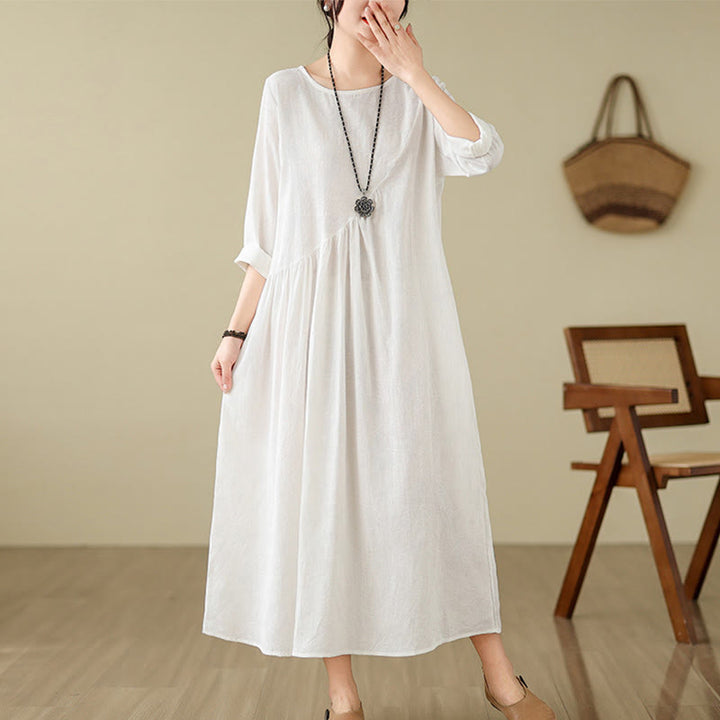 Vestido midi de lino y algodón con mangas largas irregulares, estampado floral jacquard liso y bolsillos. - Blanco - US8-10，UK/AU12-14，EU40-42 (2XL) - image 17
