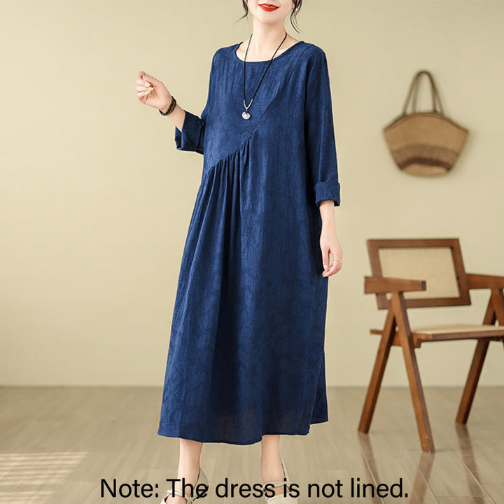 Vestido midi de lino y algodón con mangas largas irregulares, estampado floral jacquard liso y bolsillos. - image 1