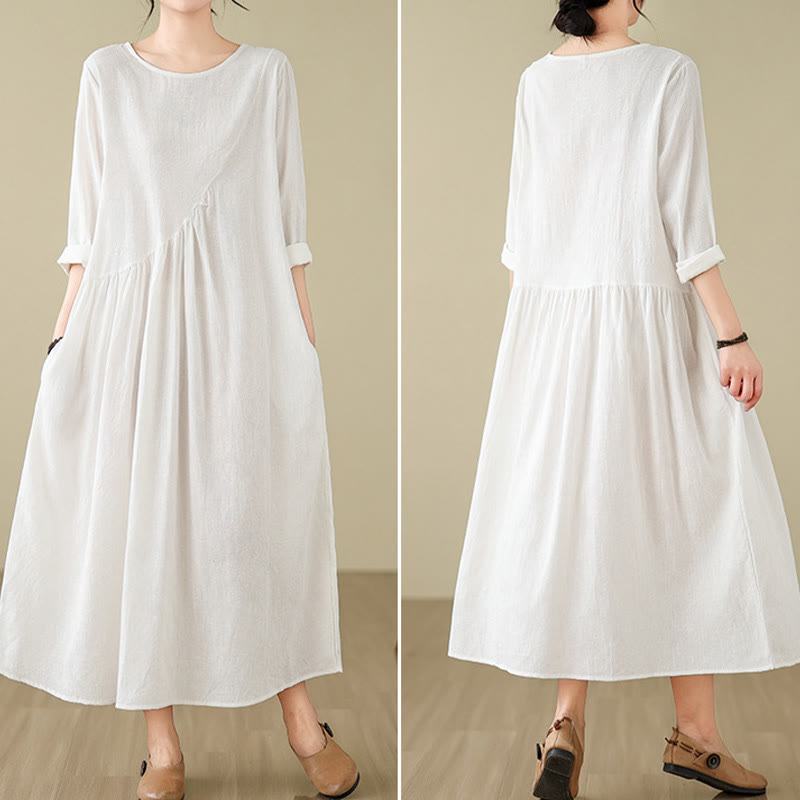 Vestido midi de lino y algodón con mangas largas irregulares, estampado floral jacquard liso y bolsillos. - image 21