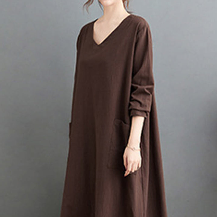 Vestido largo informal de lino y algodón con mangas largas y bolsillos, con estampado de Buddha Stones y diseño sencillo de otoño. - image 3