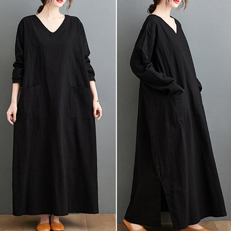 Vestido largo informal de lino y algodón con mangas largas y bolsillos, con estampado de Buddha Stones y diseño sencillo de otoño. - image 15