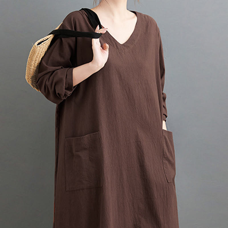 Vestido largo informal de lino y algodón con mangas largas y bolsillos, con estampado de Buddha Stones y diseño sencillo de otoño. - image 4