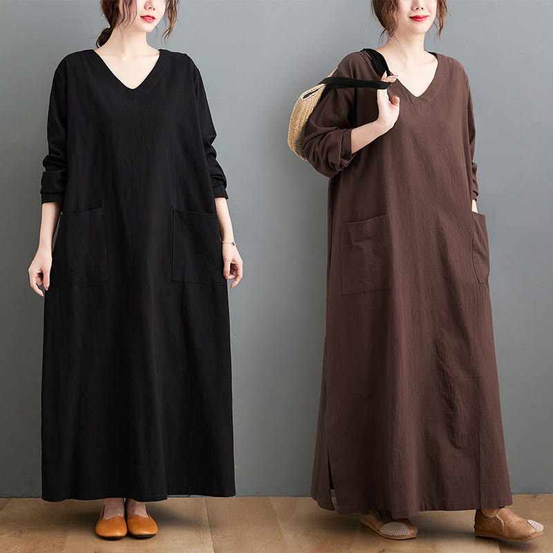 Vestido largo informal de lino y algodón con mangas largas y bolsillos, con estampado de Buddha Stones y diseño sencillo de otoño. - image 17