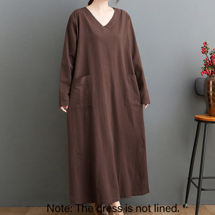 Vestido largo informal de lino y algodón con mangas largas y bolsillos, con estampado de Buddha Stones y diseño sencillo de otoño. - image 1