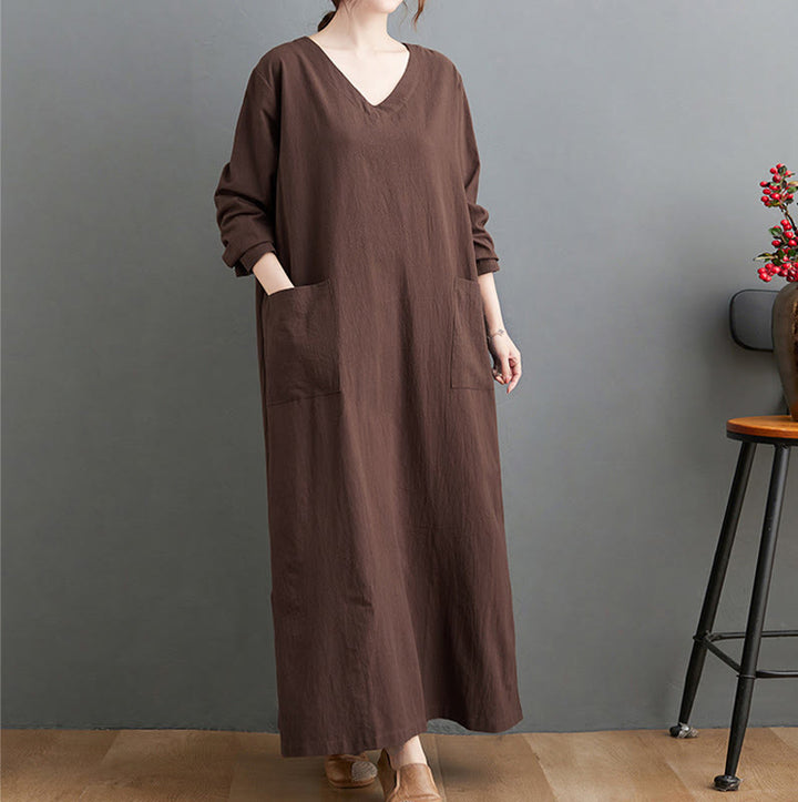 Vestido largo informal de lino y algodón con mangas largas y bolsillos, con estampado de Buddha Stones y diseño sencillo de otoño. - SaddleBrown - US4-8/10, UK/AU8-12/14, UE36-40/42(F) - image 0
