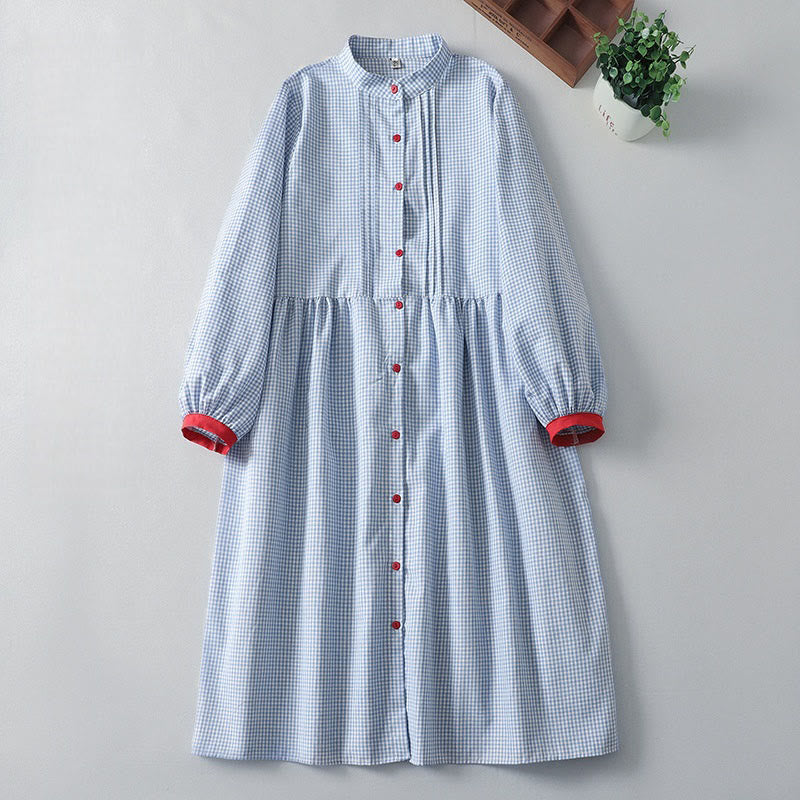 Vestido midi informal de lino y algodón con mangas largas tipo farol y estampado a cuadros con Buddha Stones y bolsillos - Azul cielo claro - US8-10，UK/AU12-14，EU40-42 (2XL) - image 0