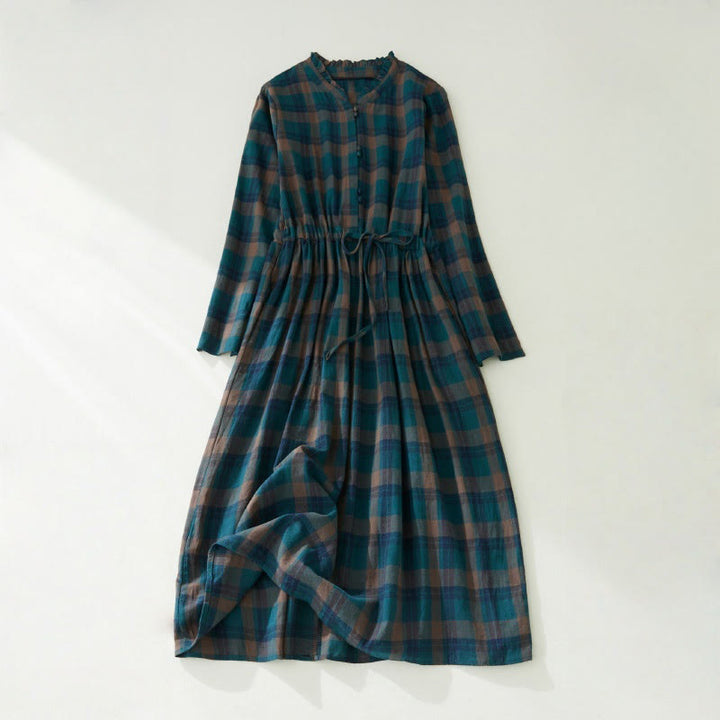 Vestido midi de lino y algodón con cuello en V, mangas largas, volantes y bolsillos, con estampado de Buddha Stones - cian oscuro - US8-10，UK/AU12-14，EU40-42 (2XL) - image 2
