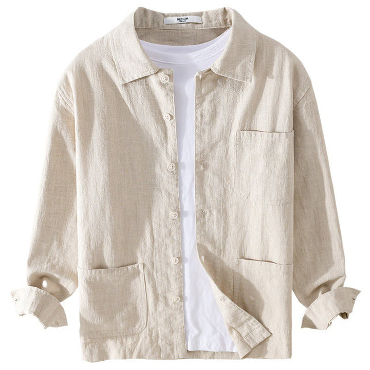 Camisa de manga larga de lino y algodón con botones lisos y bolsillos para hombre de Buddha Stones Commute - image 8