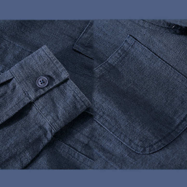 Camisa de manga larga de lino y algodón con botones lisos y bolsillos para hombre de Buddha Stones Commute - image 15