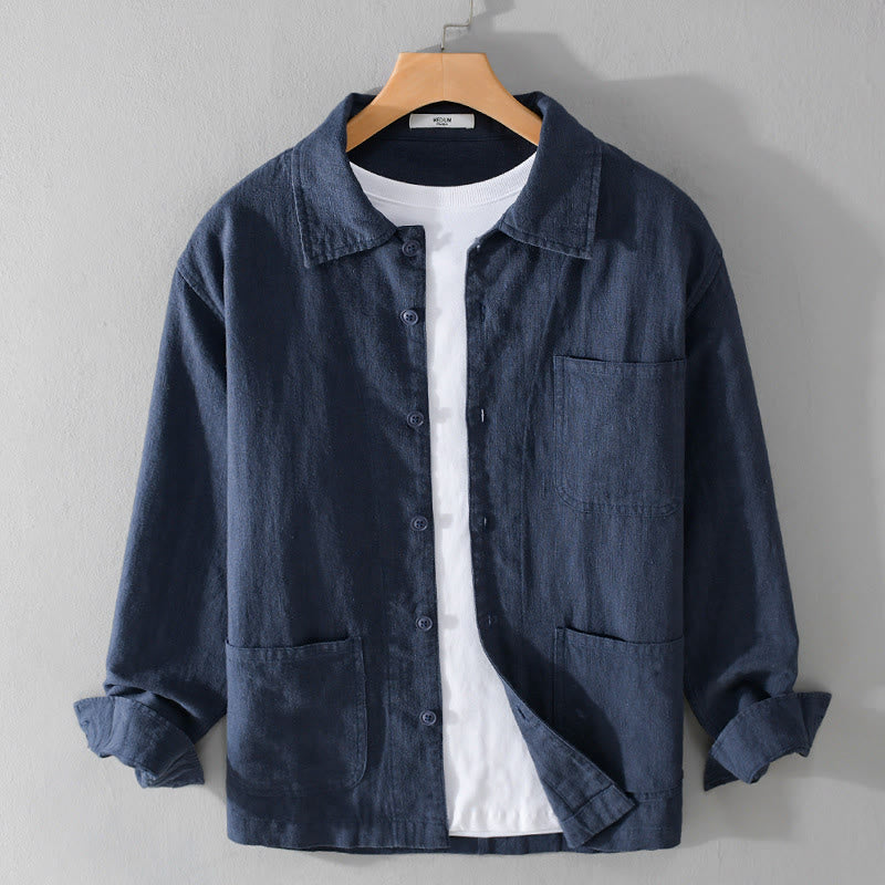 Camisa de manga larga de lino y algodón con botones lisos y bolsillos para hombre de Buddha Stones Commute - Azul oscuro - US/UK/AU42, EU52 (3XL) - image 12