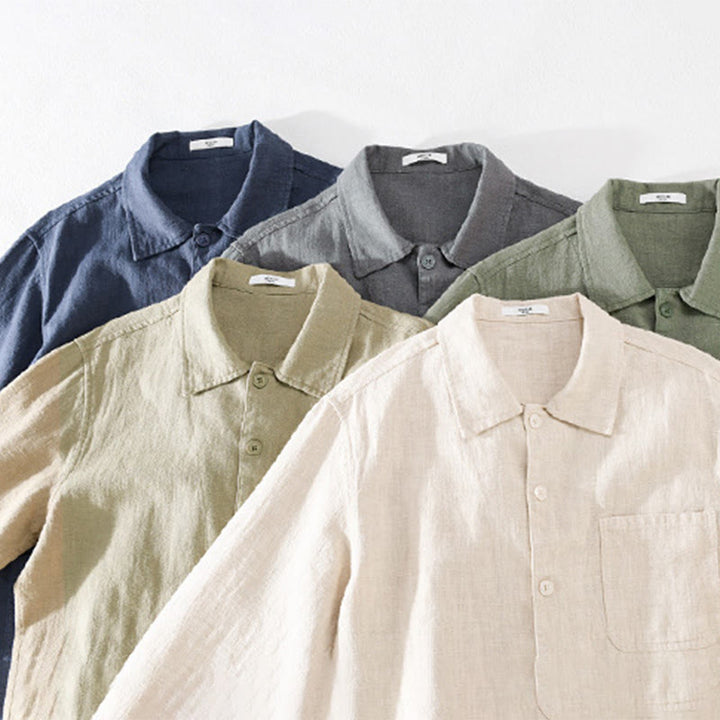 Camisa de manga larga de lino y algodón con botones lisos y bolsillos para hombre de Buddha Stones Commute - image 22