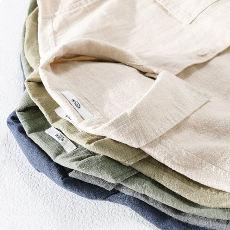 Camisa de manga larga de lino y algodón con botones lisos y bolsillos para hombre de Buddha Stones Commute - image 23