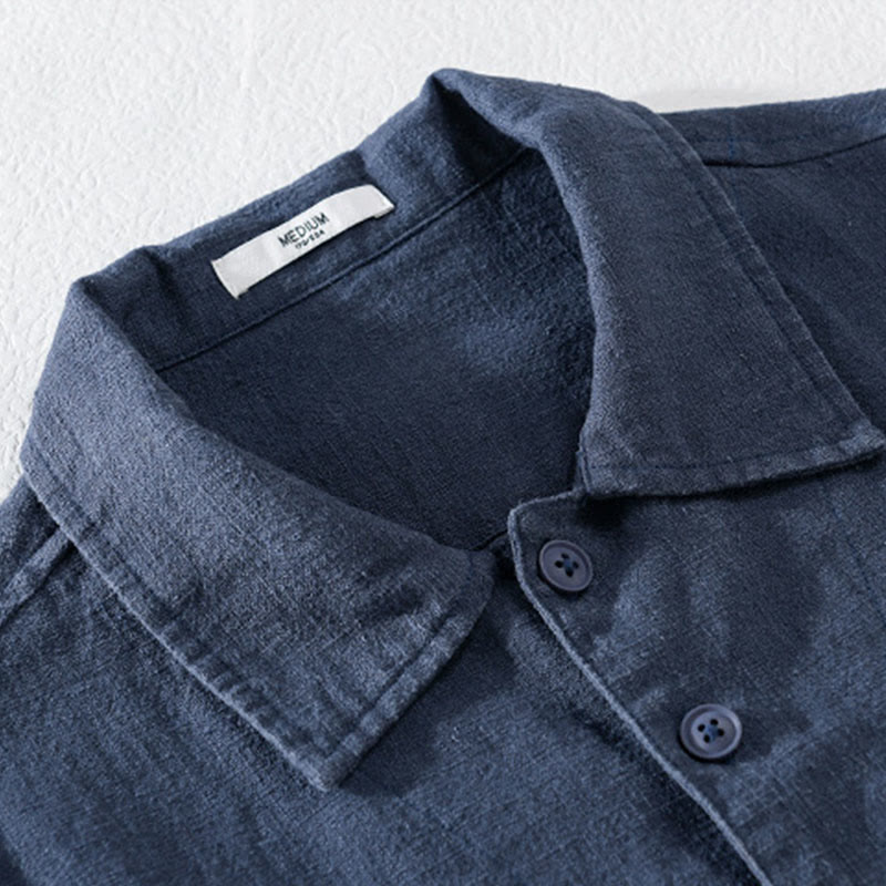 Camisa de manga larga de lino y algodón con botones lisos y bolsillos para hombre de Buddha Stones Commute - image 13