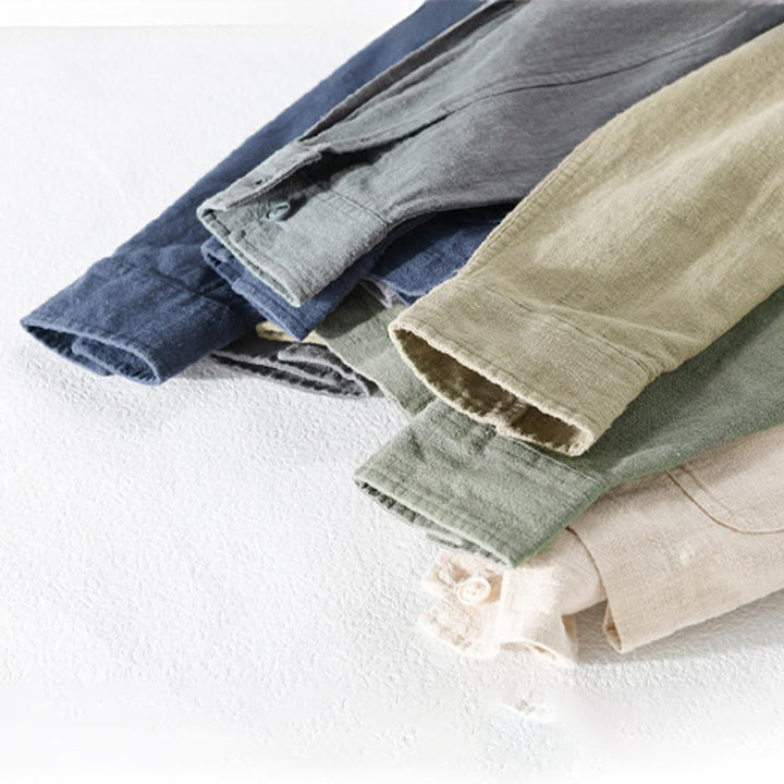 Camisa de manga larga de lino y algodón con botones lisos y bolsillos para hombre de Buddha Stones Commute - image 24