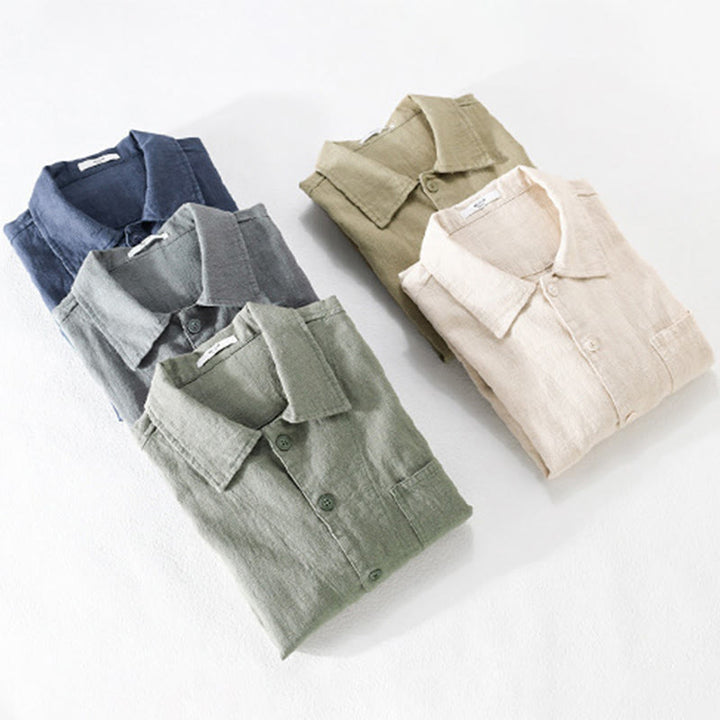 Camisa de manga larga de lino y algodón con botones lisos y bolsillos para hombre de Buddha Stones Commute - image 20