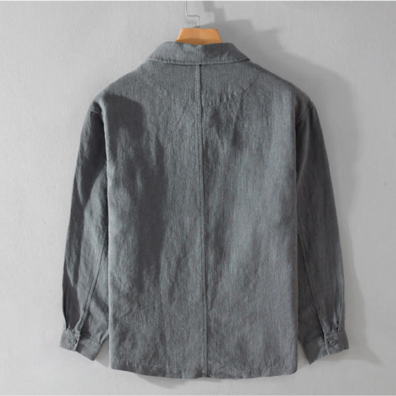 Camisa de manga larga de lino y algodón con botones lisos y bolsillos para hombre de Buddha Stones Commute - image 11