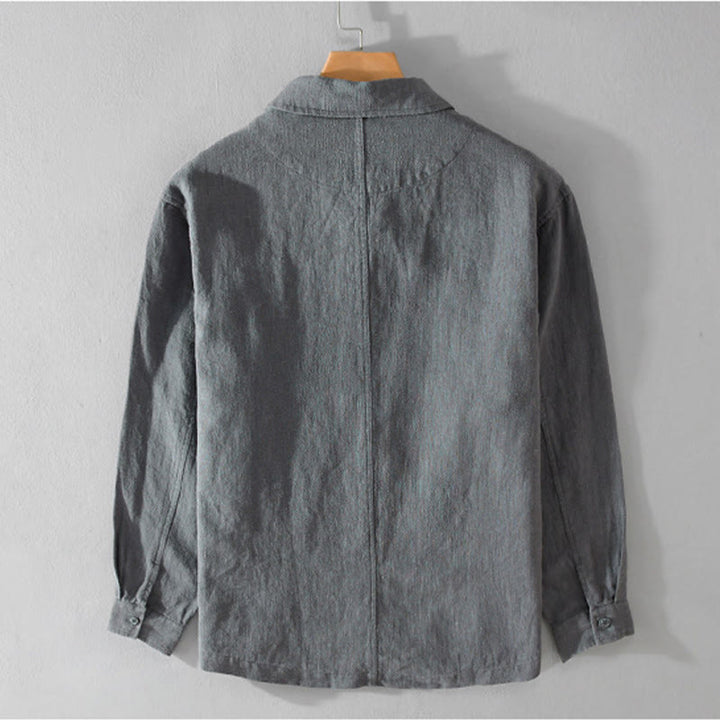 Camisa de manga larga de lino y algodón con botones lisos y bolsillos para hombre de Buddha Stones Commute - image 10