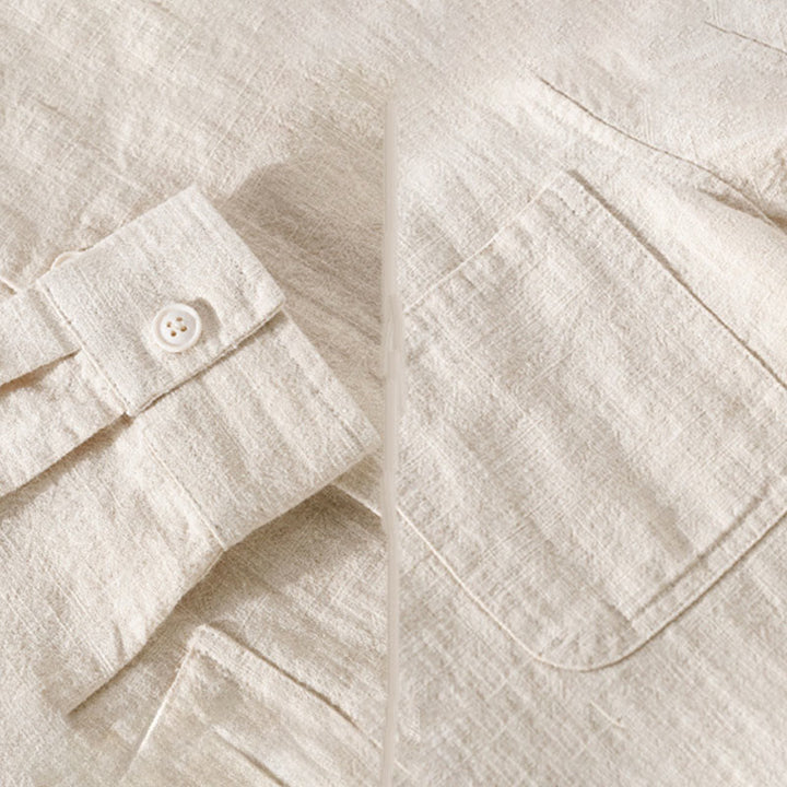 Camisa de manga larga de lino y algodón con botones lisos y bolsillos para hombre de Buddha Stones Commute - image 8