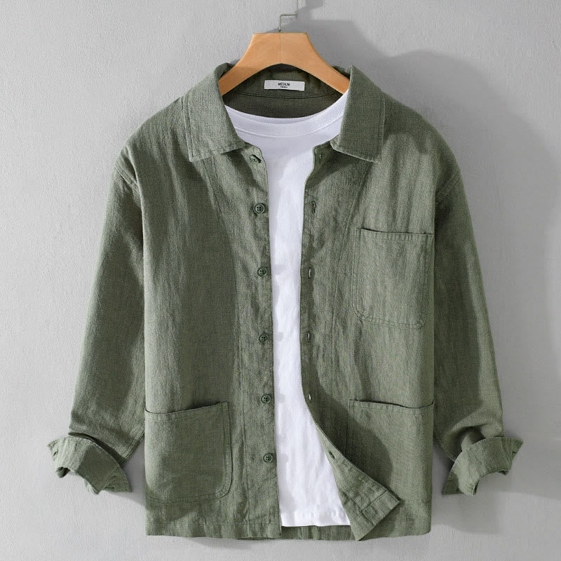 Camisa de manga larga de lino y algodón con botones lisos y bolsillos para hombre de Buddha Stones Commute - Verde mar medio - US/UK/AU42, EU52 (3XL) - image 0