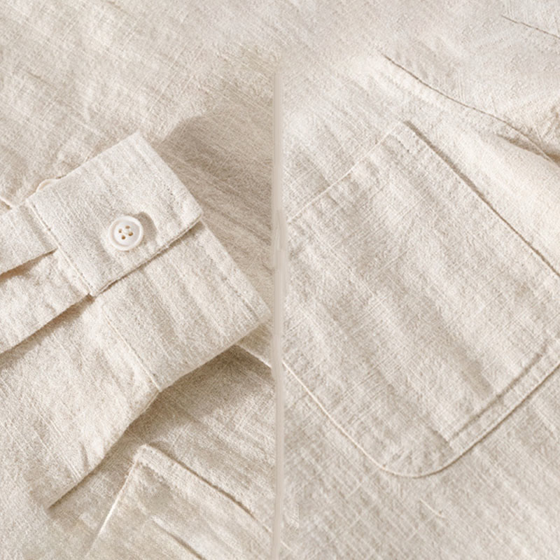 Camisa de manga larga de lino y algodón con botones lisos y bolsillos para hombre de Buddha Stones Commute - image 7