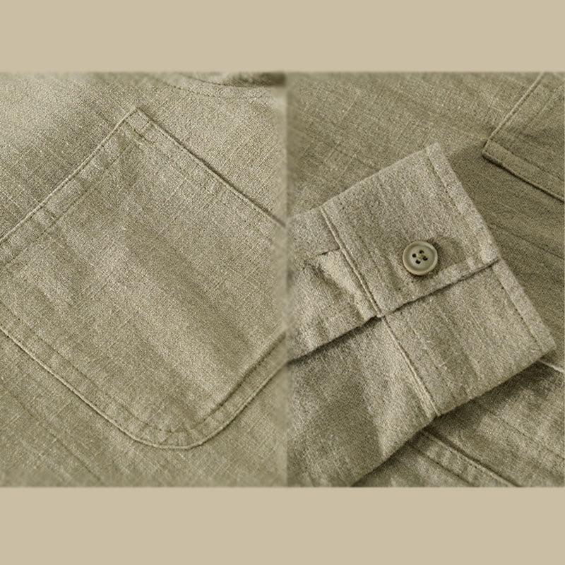 Camisa de manga larga de lino y algodón con botones lisos y bolsillos para hombre de Buddha Stones Commute - image 19