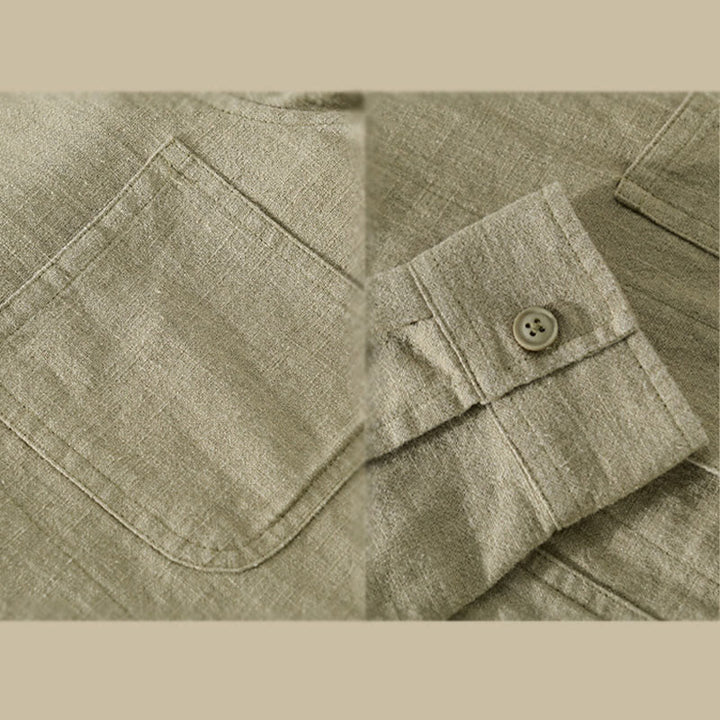 Camisa de manga larga de lino y algodón con botones lisos y bolsillos para hombre de Buddha Stones Commute - image 19