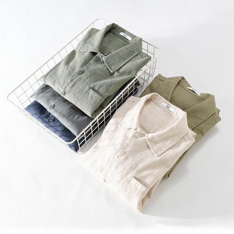 Camisa de manga larga de lino y algodón con botones lisos y bolsillos para hombre de Buddha Stones Commute - image 22