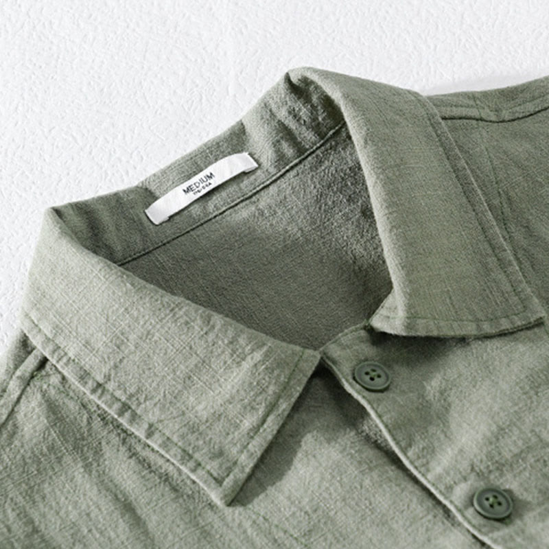 Camisa de manga larga de lino y algodón con botones lisos y bolsillos para hombre de Buddha Stones Commute - image 1