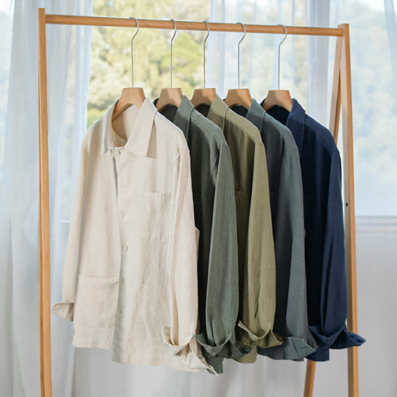 Camisa de manga larga de lino y algodón con botones lisos y bolsillos para hombre de Buddha Stones Commute - image 26