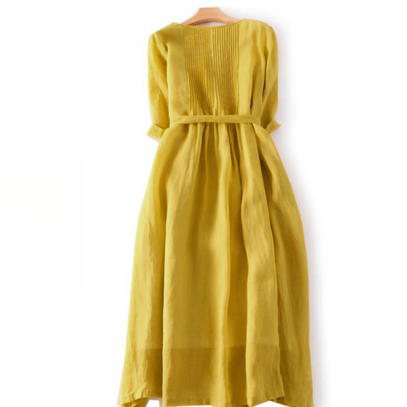 Vestido midi informal de lino y algodón con cuello redondo, mangas cortas y bolsillos, con cordones y estampado Buddha Stones - image 7