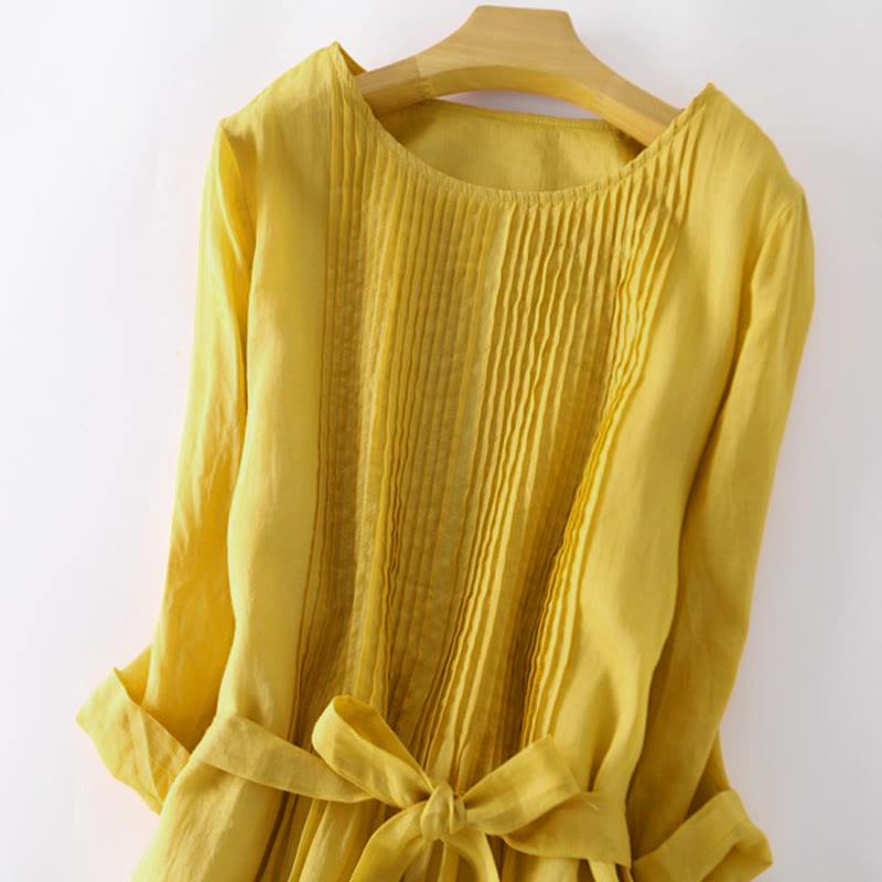 Vestido midi informal de lino y algodón con cuello redondo, mangas cortas y bolsillos, con cordones y estampado Buddha Stones - image 11