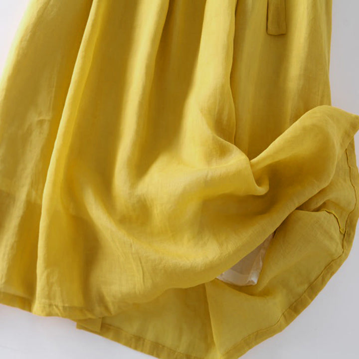 Vestido midi informal de lino y algodón con cuello redondo, mangas cortas y bolsillos, con cordones y estampado Buddha Stones - image 14