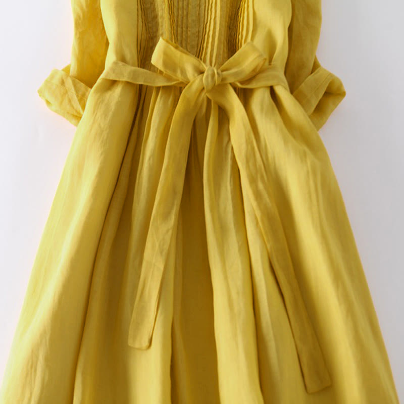 Vestido midi informal de lino y algodón con cuello redondo, mangas cortas y bolsillos, con cordones y estampado Buddha Stones - image 13