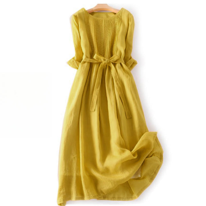 Vestido midi informal de lino y algodón con cuello redondo, mangas cortas y bolsillos, con cordones y estampado Buddha Stones - Oro - US12, UK/AU16, EU44 (3XL) - image 6
