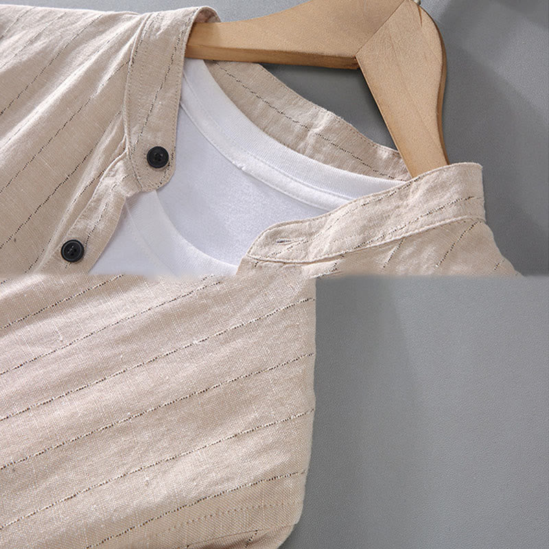 Camisa de manga larga de lino y algodón con estampado a rayas para hombre con traje Tang diario Buddha Stones - image 7