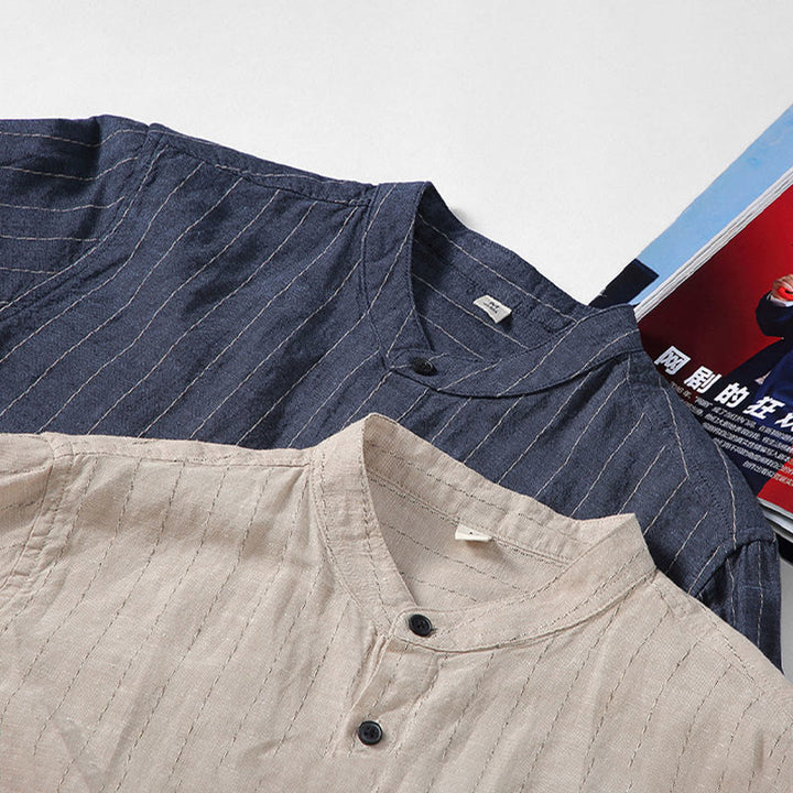 Camisa de manga larga de lino y algodón con estampado a rayas para hombre con traje Tang diario Buddha Stones - image 13