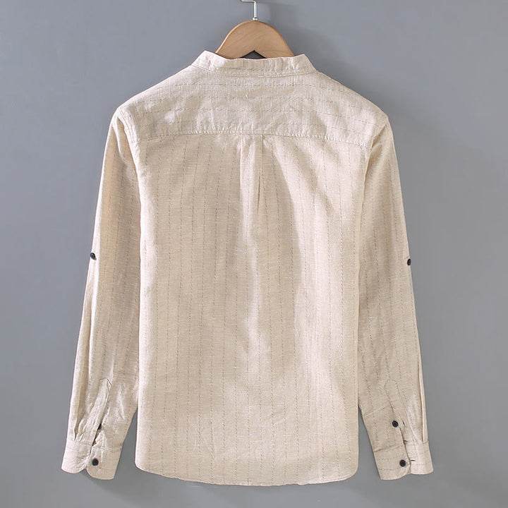 Camisa de manga larga de lino y algodón con estampado a rayas para hombre con traje Tang diario Buddha Stones - image 3