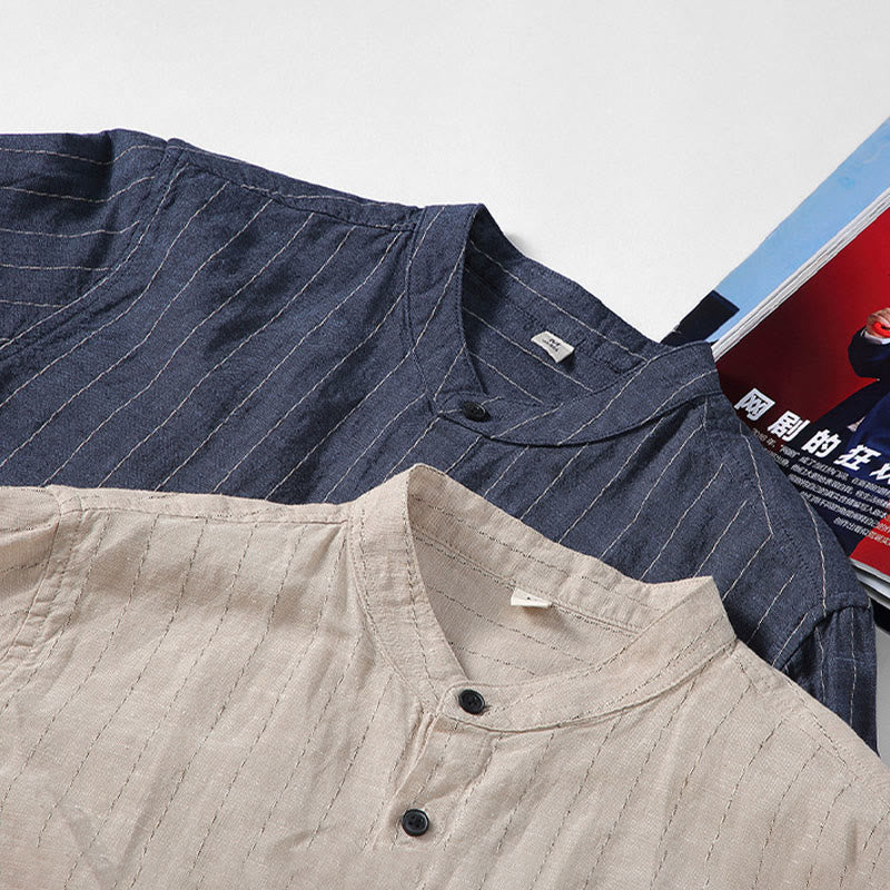 Camisa de manga larga de lino y algodón con estampado a rayas para hombre con traje Tang diario Buddha Stones - image 13