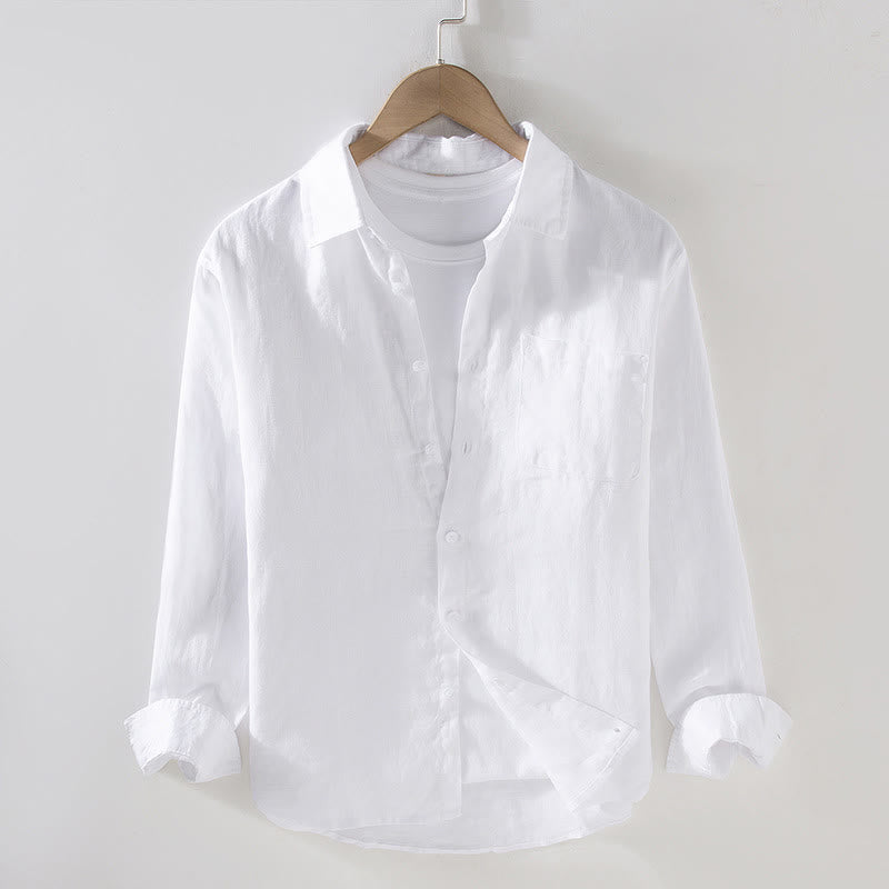 Camisa casual de lino de color puro de manga larga con bolsillo para hombre de Buddha Stones Spring - Blanco - US/UK/AU42, EU52 (3XL) - image 7