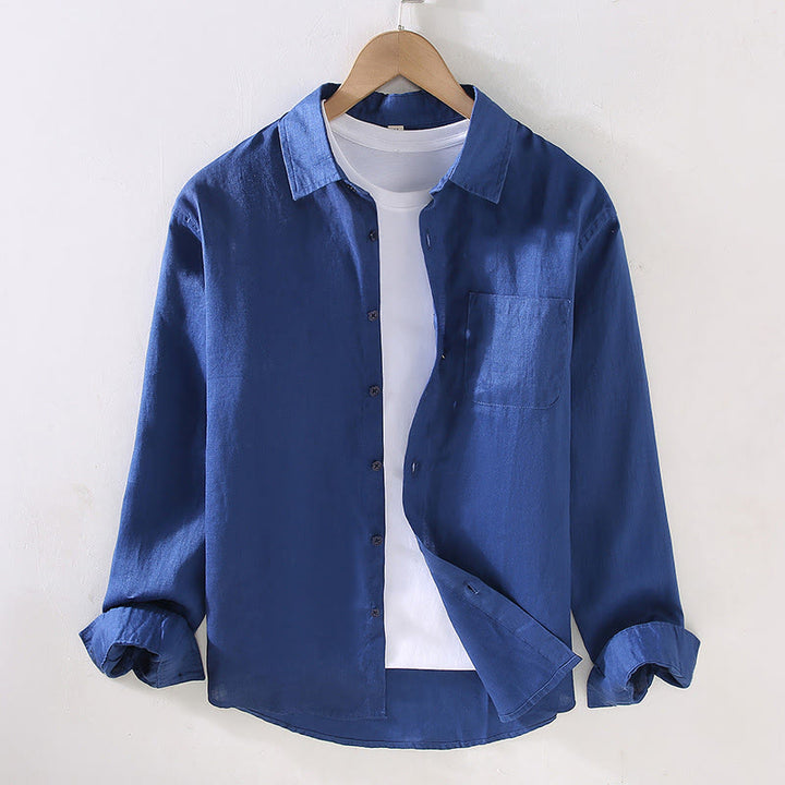 Camisa casual de lino de color puro de manga larga con bolsillo para hombre de Buddha Stones Spring - Azul medio - US/UK/AU42, EU52 (3XL) - image 12