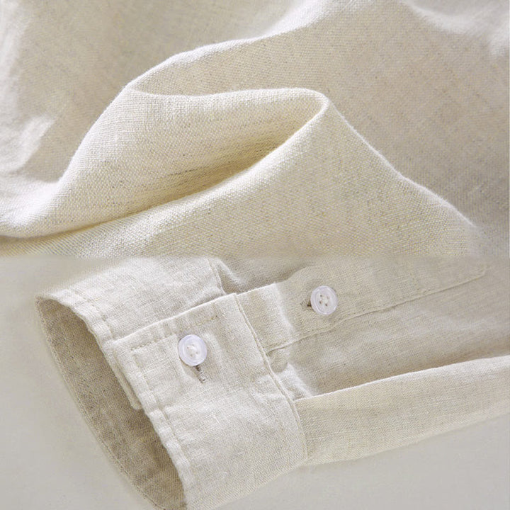 Camisa casual de lino de color puro de manga larga con bolsillo para hombre de Buddha Stones Spring - image 2