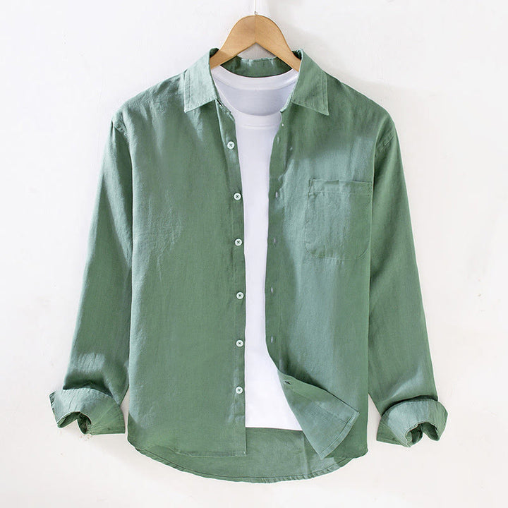 Camisa casual de lino de color puro de manga larga con bolsillo para hombre de Buddha Stones Spring - Verde mar medio - US/UK/AU42, EU52 (3XL) - image 10
