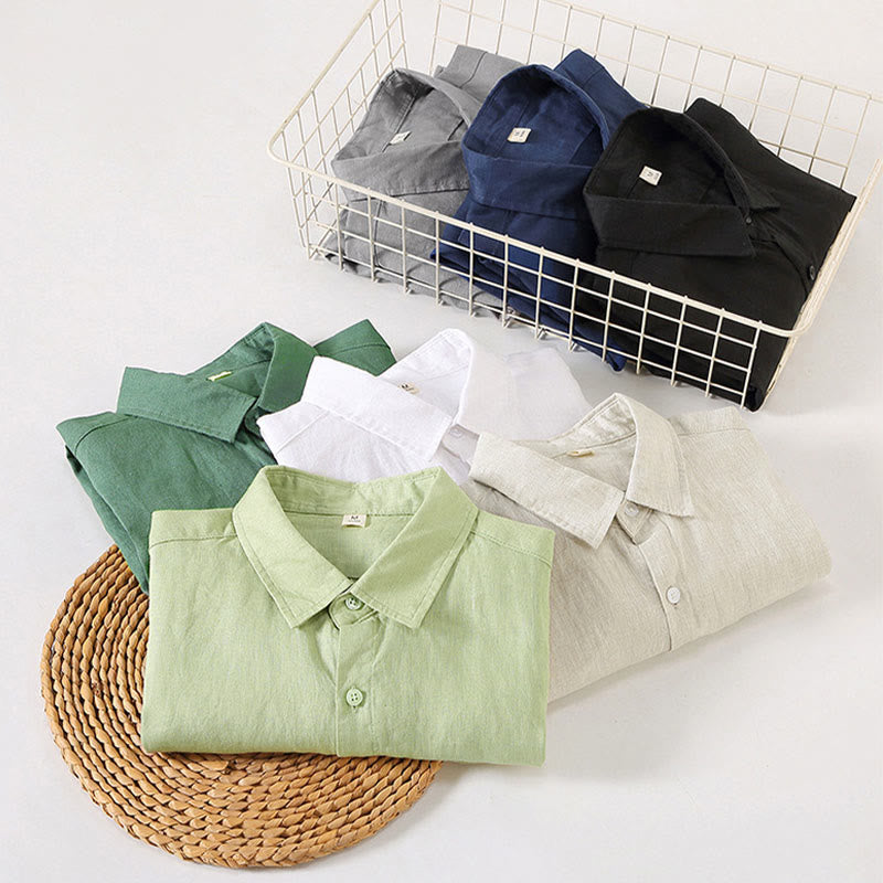 Camisa casual de lino de color puro de manga larga con bolsillo para hombre de Buddha Stones Spring - image 14