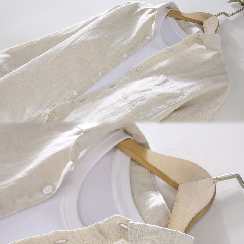 Camisa casual de lino de color puro de manga larga con bolsillo para hombre de Buddha Stones Spring - image 3