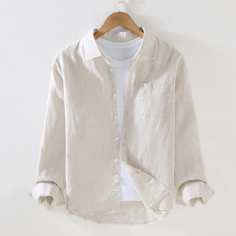 Camisa casual de lino de color puro de manga larga con bolsillo para hombre de Buddha Stones Spring - Beige - US/UK/AU42, EU52 (3XL) - image 0