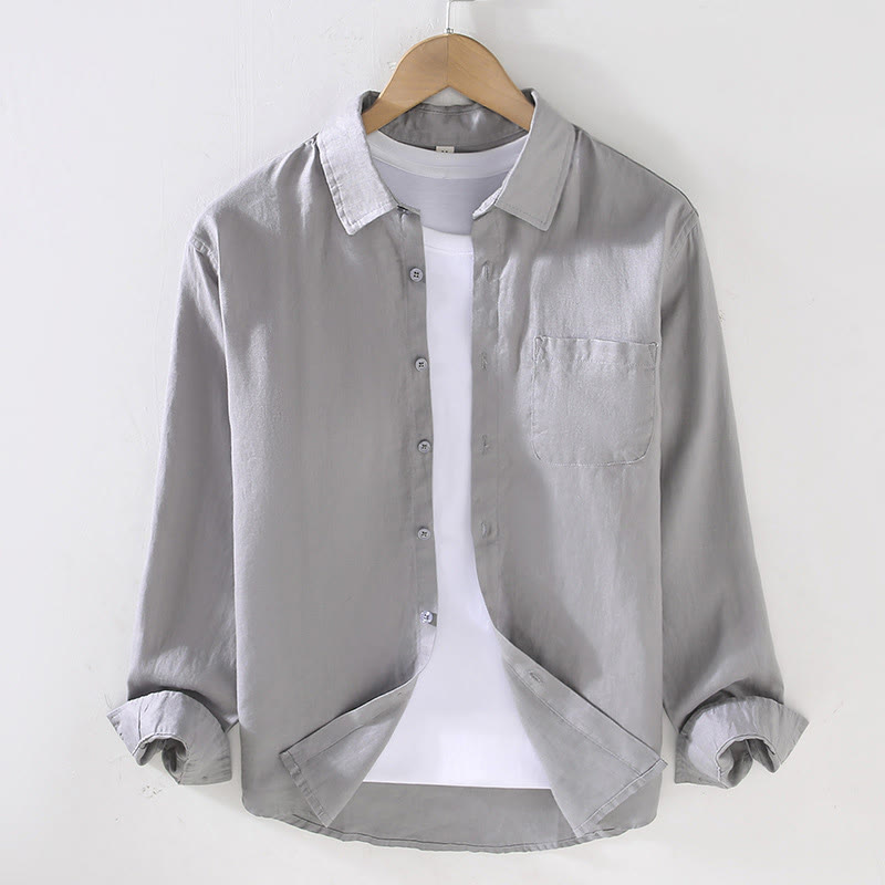 Camisa casual de lino de color puro de manga larga con bolsillo para hombre de Buddha Stones Spring - Plata - US/UK/AU42, EU52 (3XL) - image 9