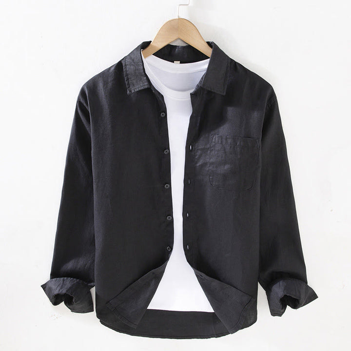 Camisa casual de lino de color puro de manga larga con bolsillo para hombre de Buddha Stones Spring - Negro - US/UK/AU42, EU52 (3XL) - image 8